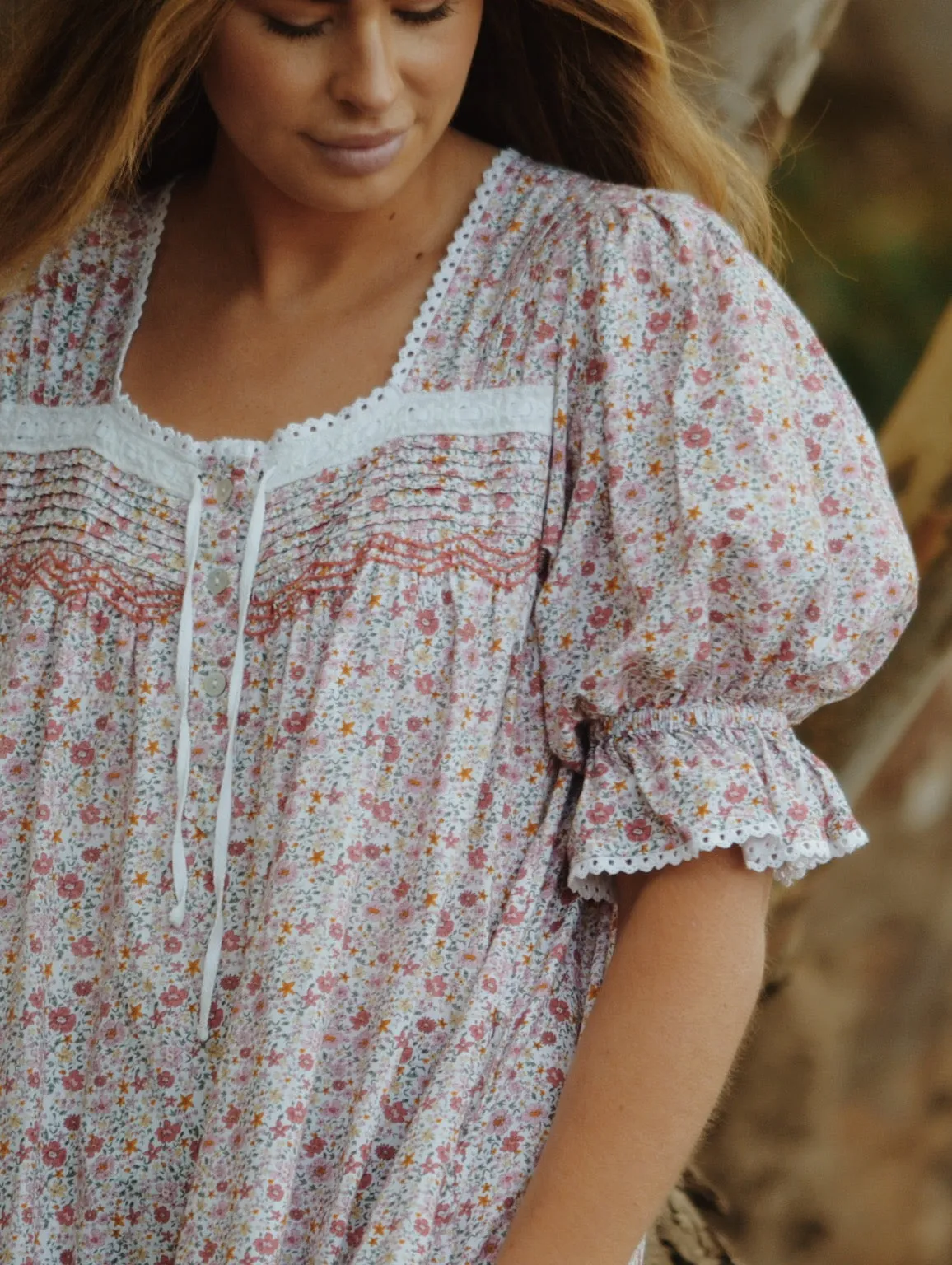 100% RECYCLED COTTON - MORNING SONG HAND SMOCKED TIERED DRESS - PINK DITSY FLORAL