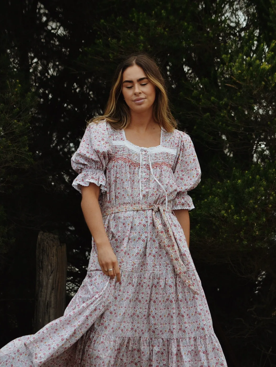 100% RECYCLED COTTON - MORNING SONG HAND SMOCKED TIERED DRESS - PINK DITSY FLORAL