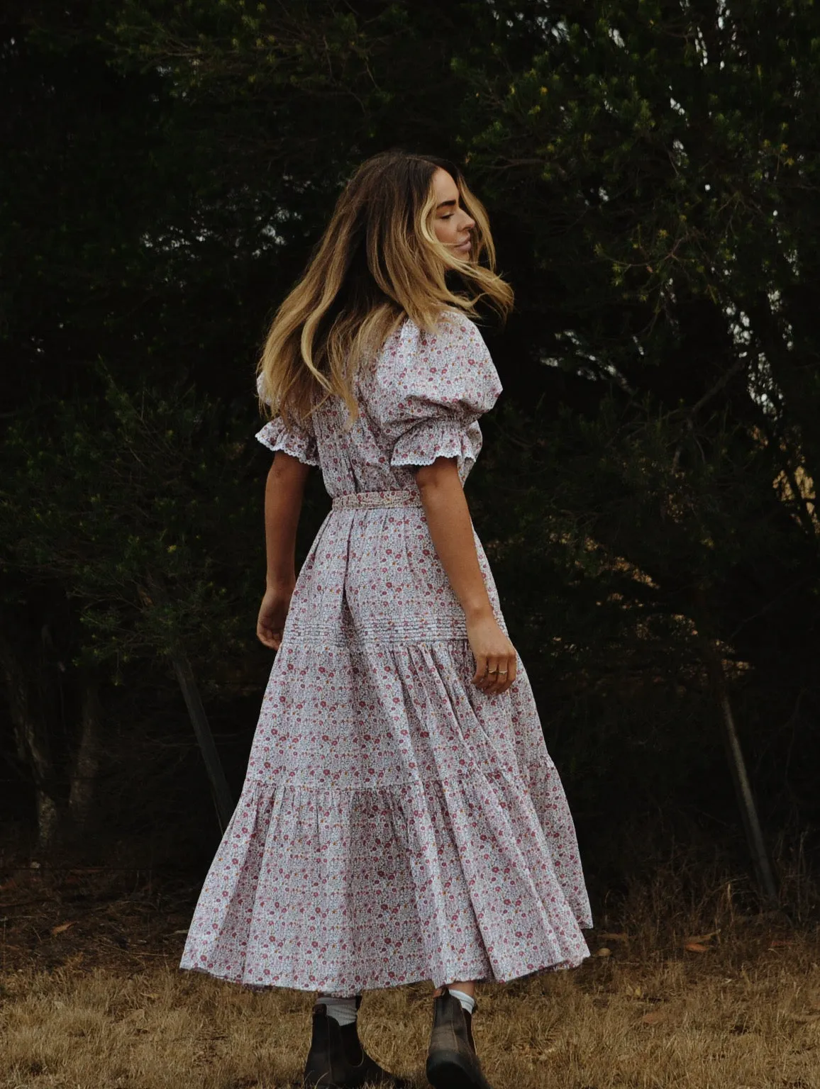 100% RECYCLED COTTON - MORNING SONG HAND SMOCKED TIERED DRESS - PINK DITSY FLORAL