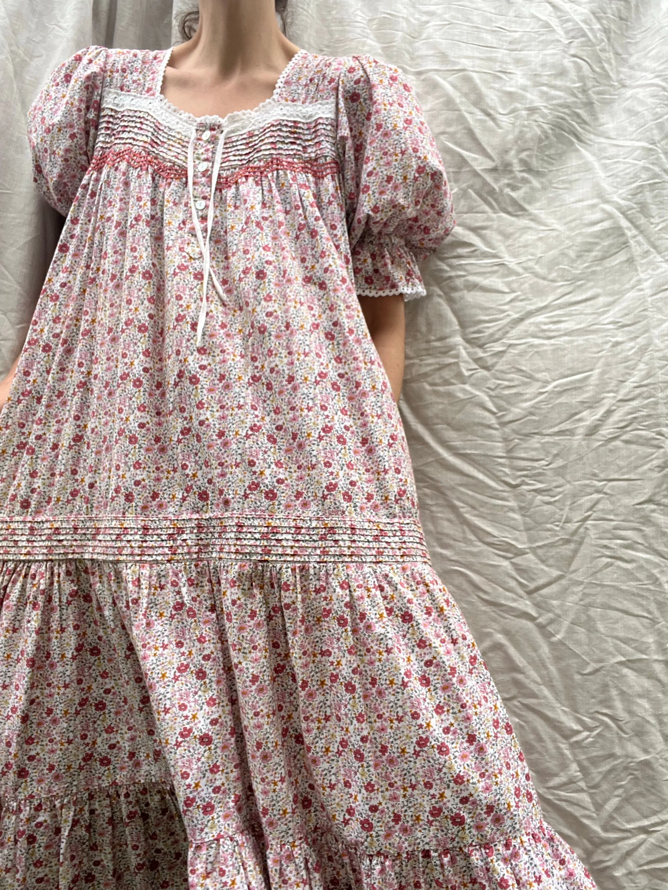 100% RECYCLED COTTON - MORNING SONG HAND SMOCKED TIERED DRESS - PINK DITSY FLORAL