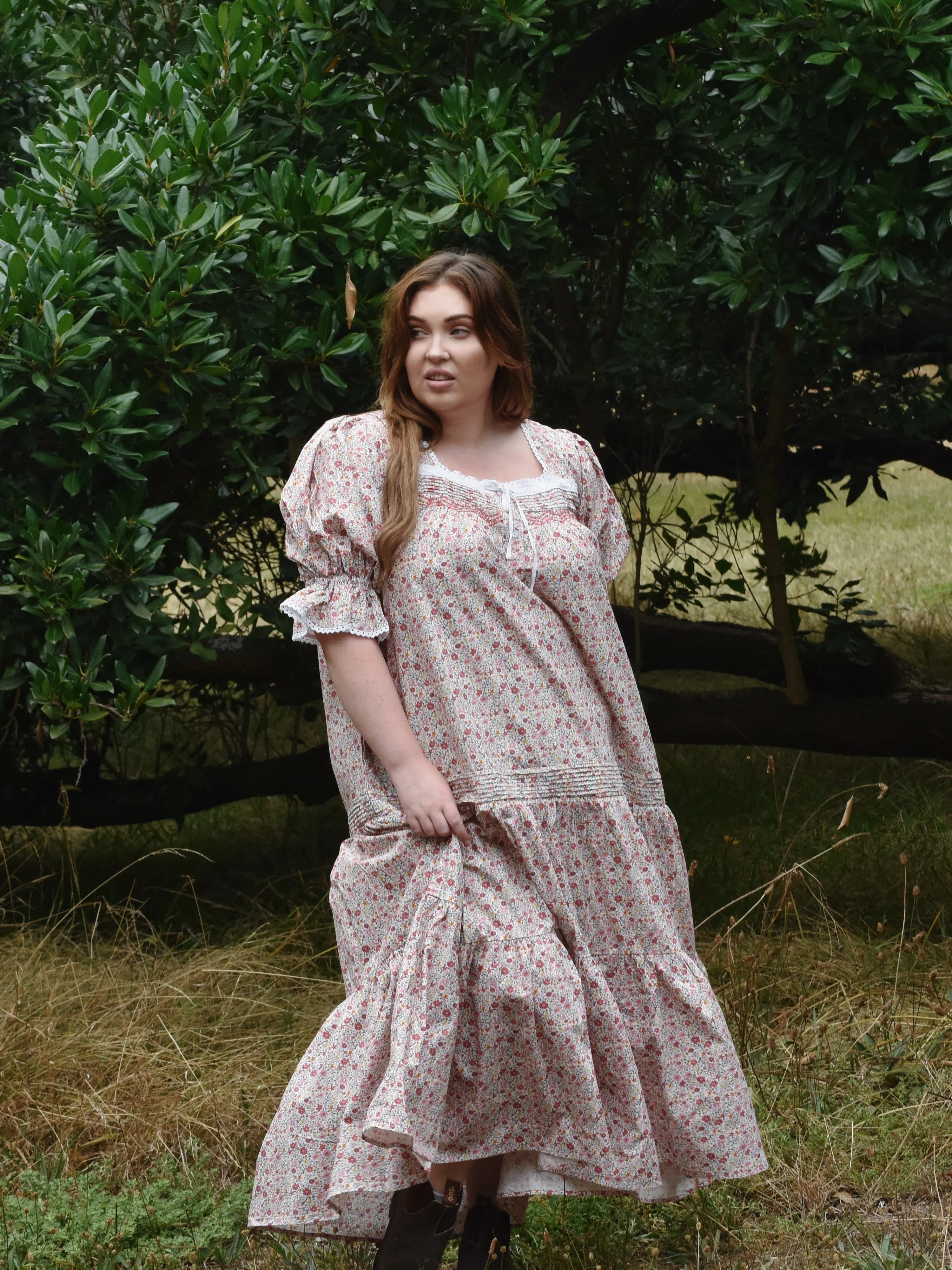 100% RECYCLED COTTON - MORNING SONG HAND SMOCKED TIERED DRESS - PINK DITSY FLORAL