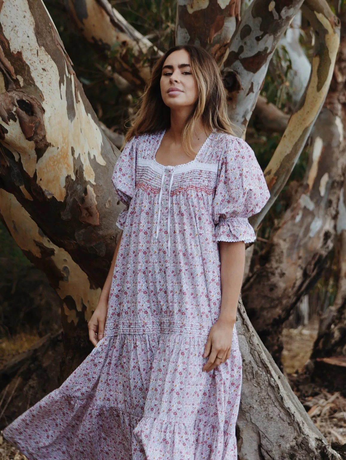 100% RECYCLED COTTON - MORNING SONG HAND SMOCKED TIERED DRESS - PINK DITSY FLORAL