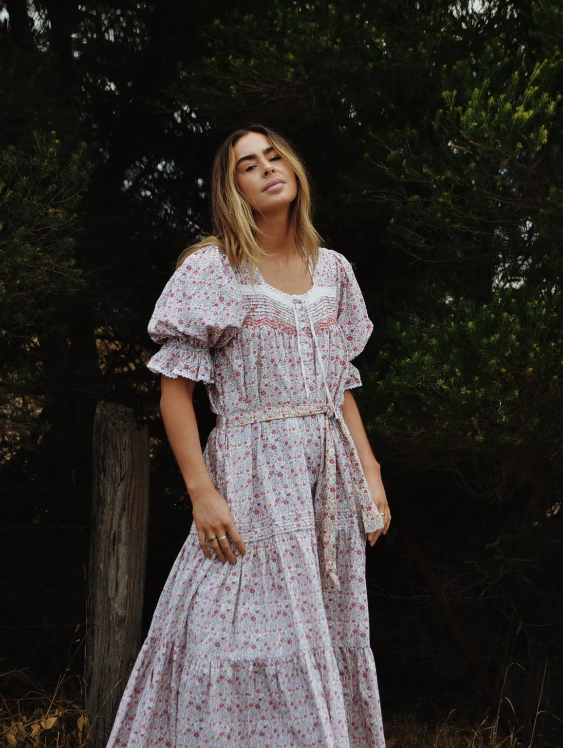 100% RECYCLED COTTON - MORNING SONG HAND SMOCKED TIERED DRESS - PINK DITSY FLORAL