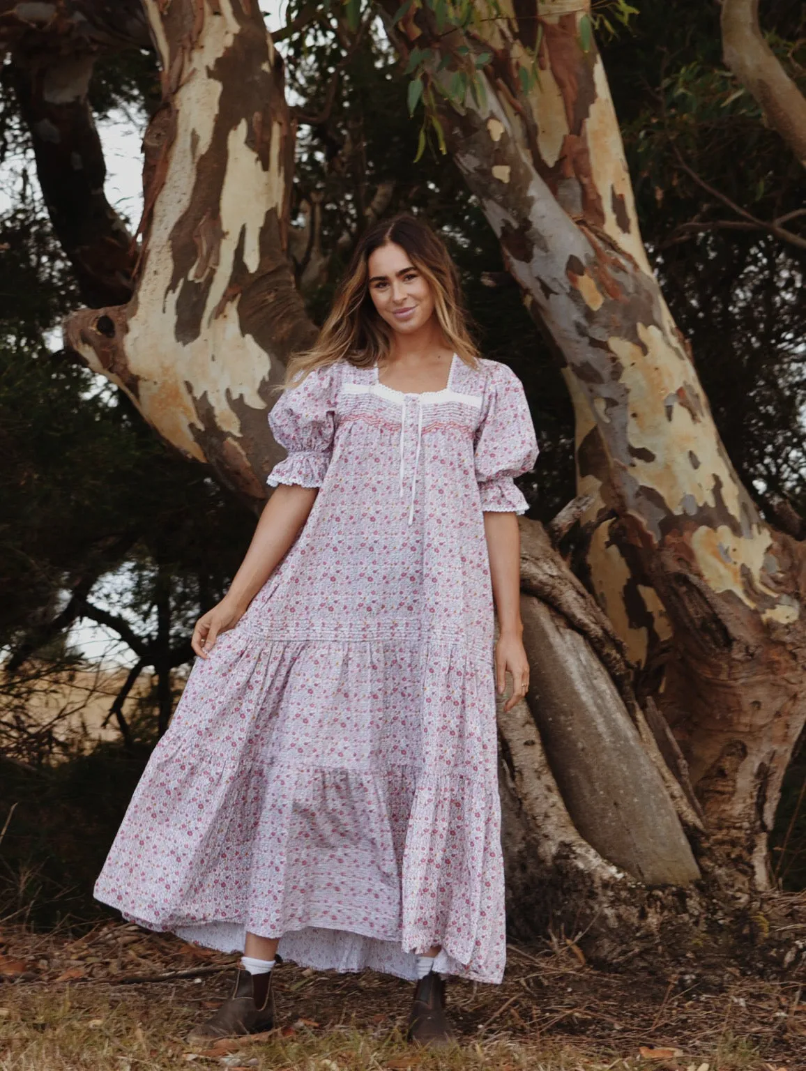 100% RECYCLED COTTON - MORNING SONG HAND SMOCKED TIERED DRESS - PINK DITSY FLORAL