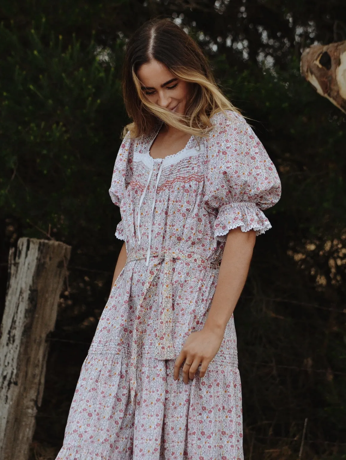 100% RECYCLED COTTON - MORNING SONG HAND SMOCKED TIERED DRESS - PINK DITSY FLORAL