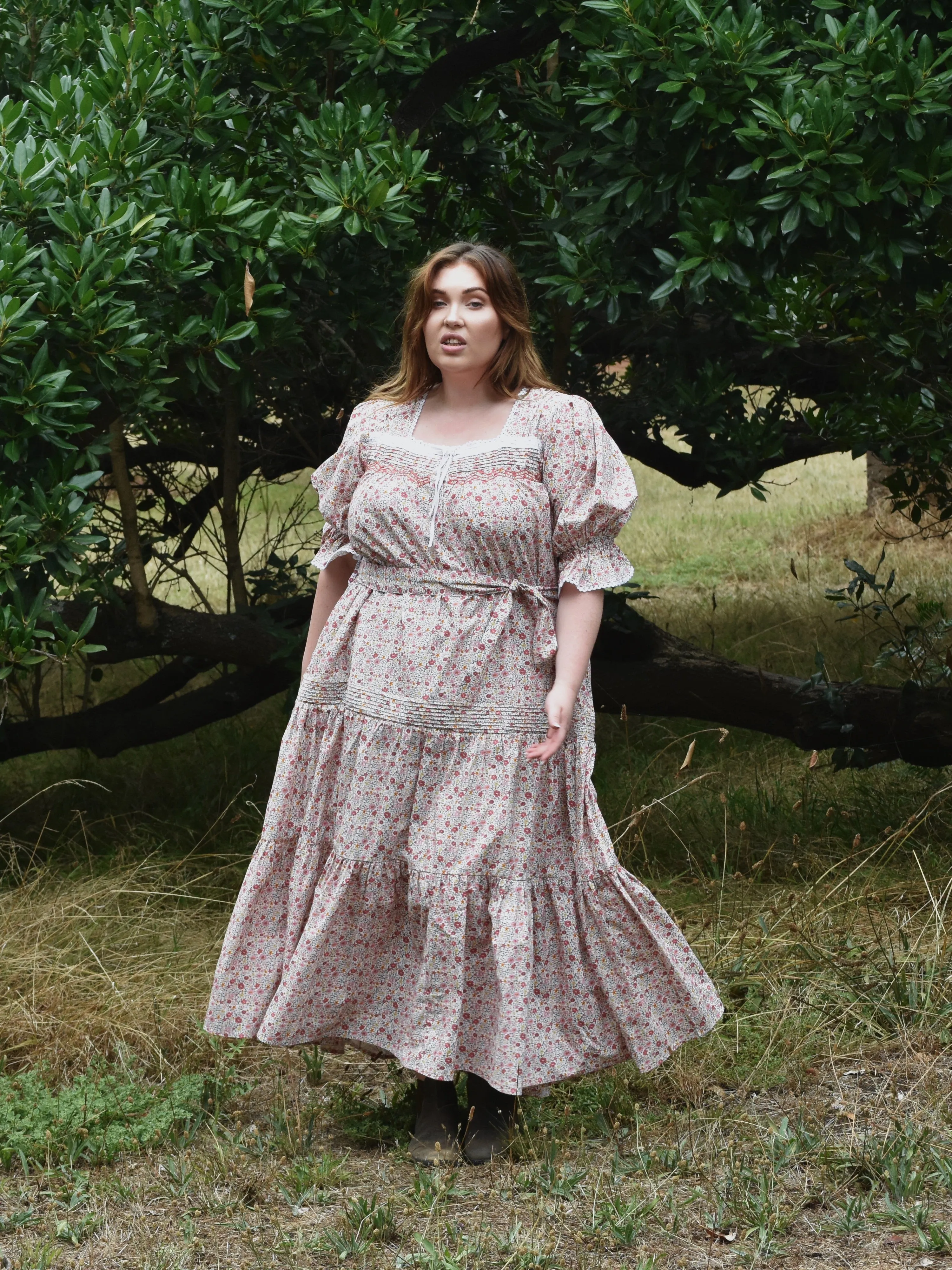 100% RECYCLED COTTON - MORNING SONG HAND SMOCKED TIERED DRESS - PINK DITSY FLORAL