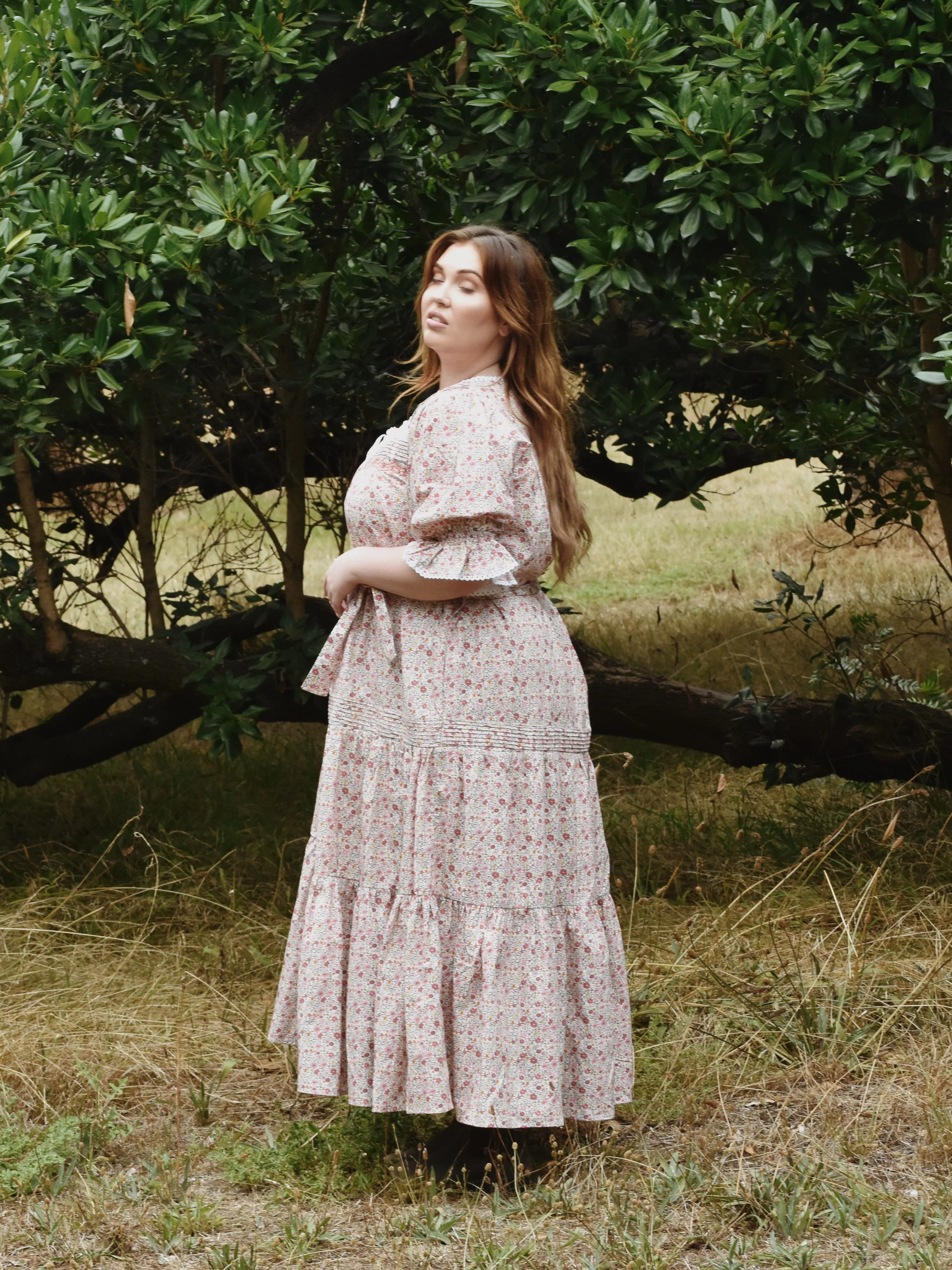 100% RECYCLED COTTON - MORNING SONG HAND SMOCKED TIERED DRESS - PINK DITSY FLORAL