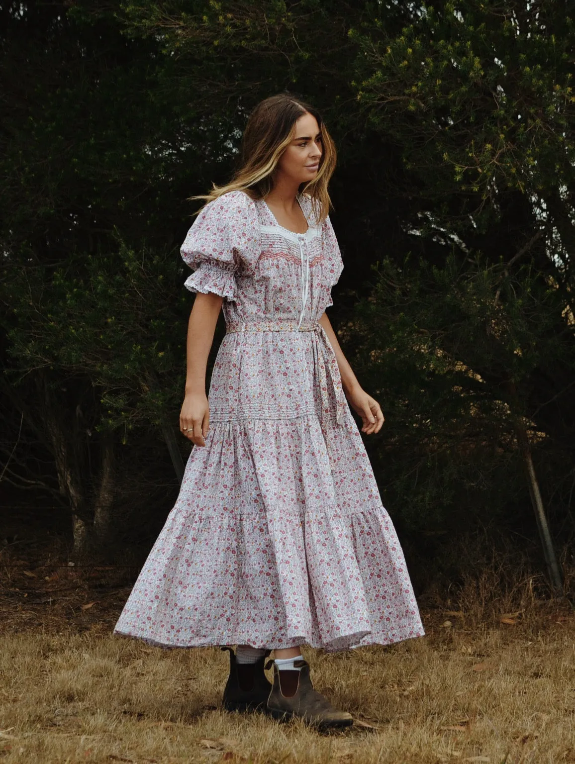 100% RECYCLED COTTON - MORNING SONG HAND SMOCKED TIERED DRESS - PINK DITSY FLORAL