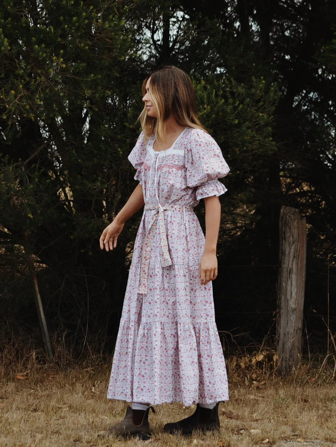 100% RECYCLED COTTON - MORNING SONG HAND SMOCKED TIERED DRESS - PINK DITSY FLORAL