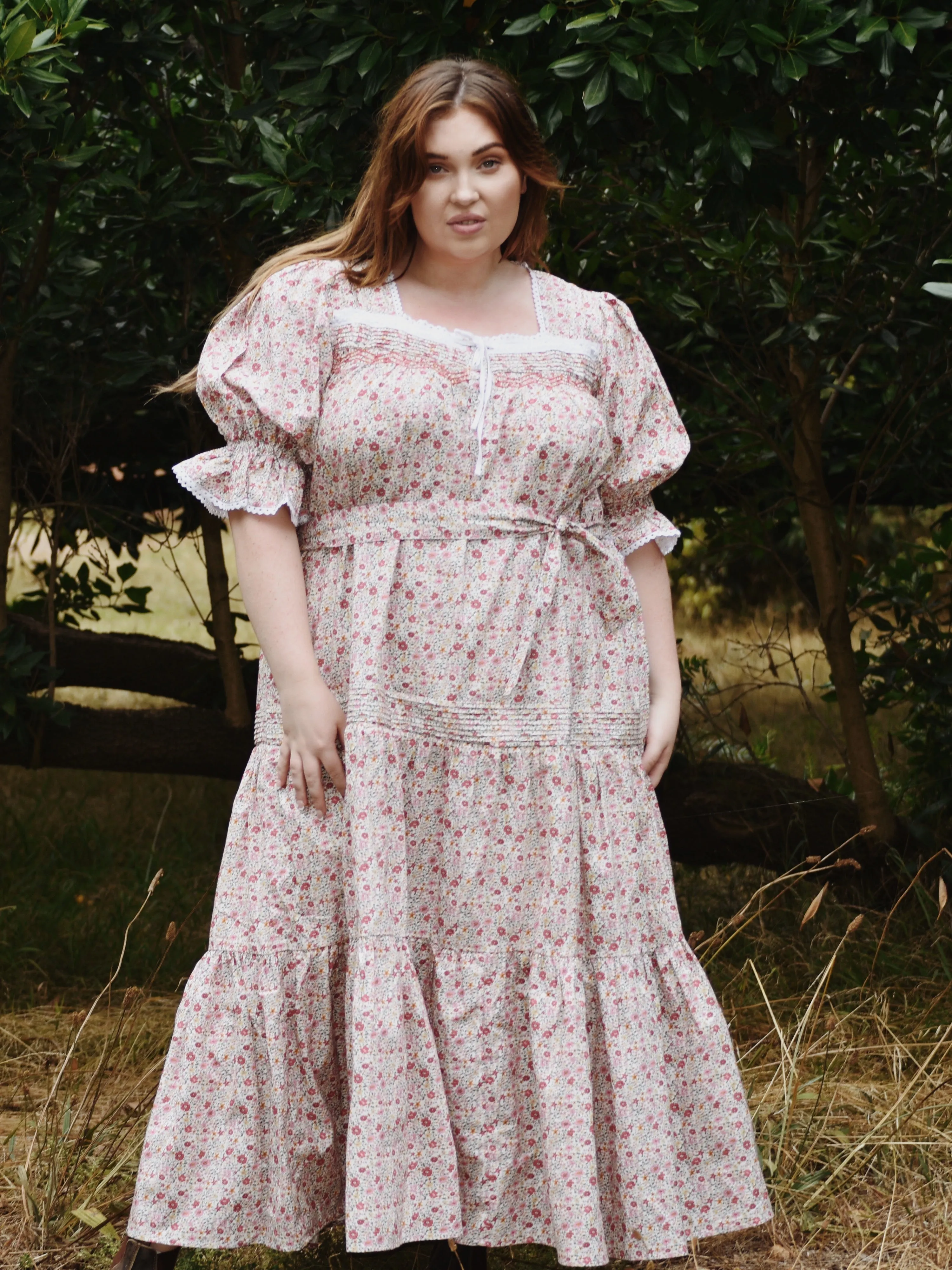 100% RECYCLED COTTON - MORNING SONG HAND SMOCKED TIERED DRESS - PINK DITSY FLORAL