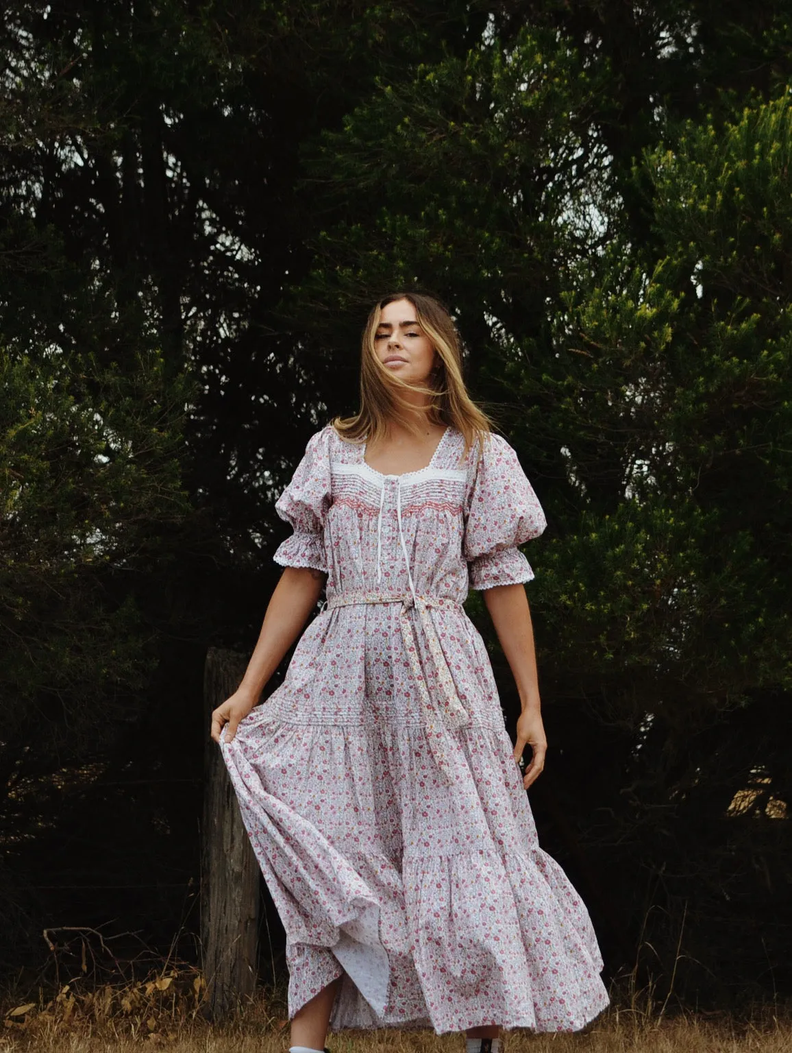 100% RECYCLED COTTON - MORNING SONG HAND SMOCKED TIERED DRESS - PINK DITSY FLORAL