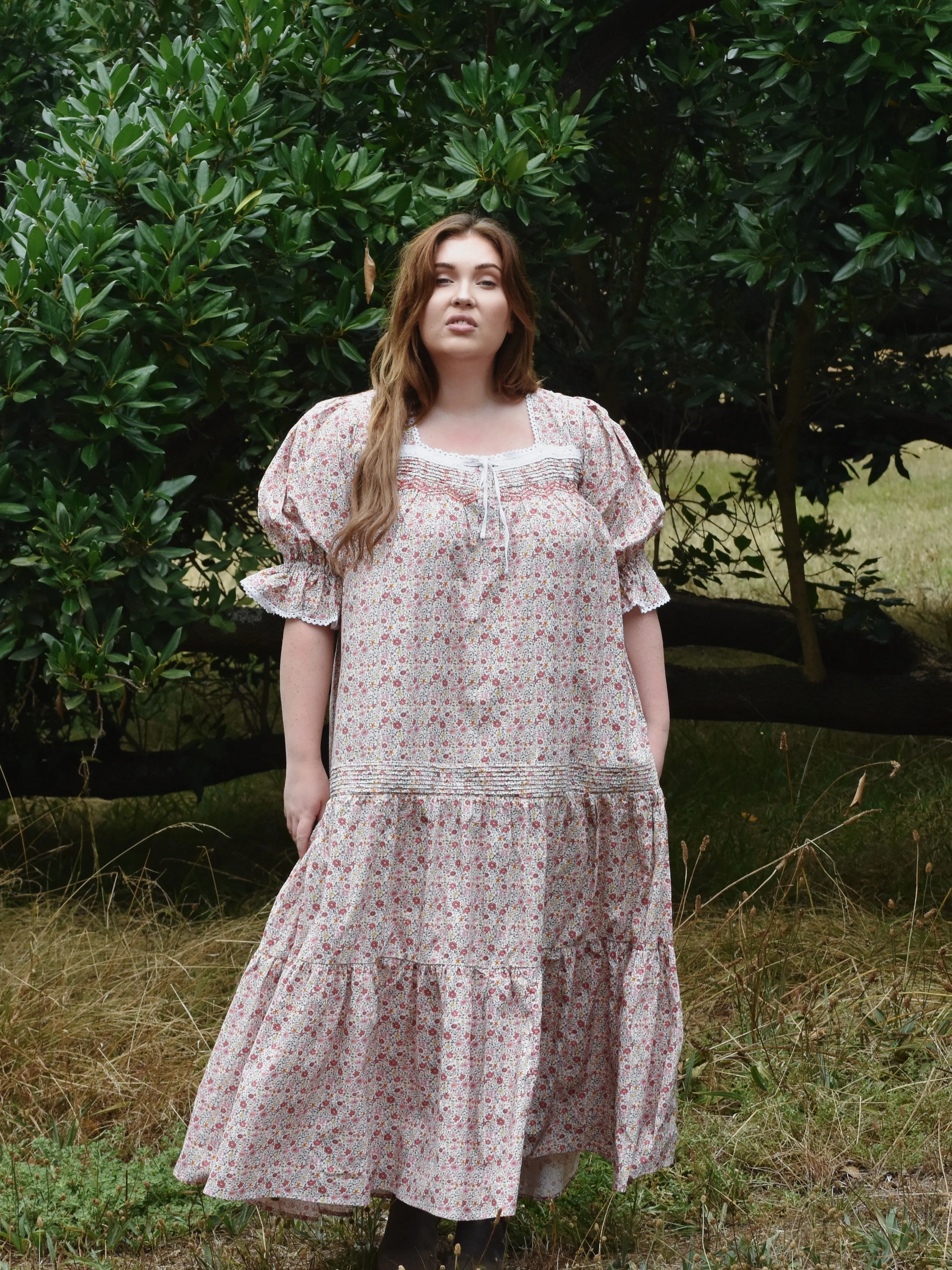 100% RECYCLED COTTON - MORNING SONG HAND SMOCKED TIERED DRESS - PINK DITSY FLORAL