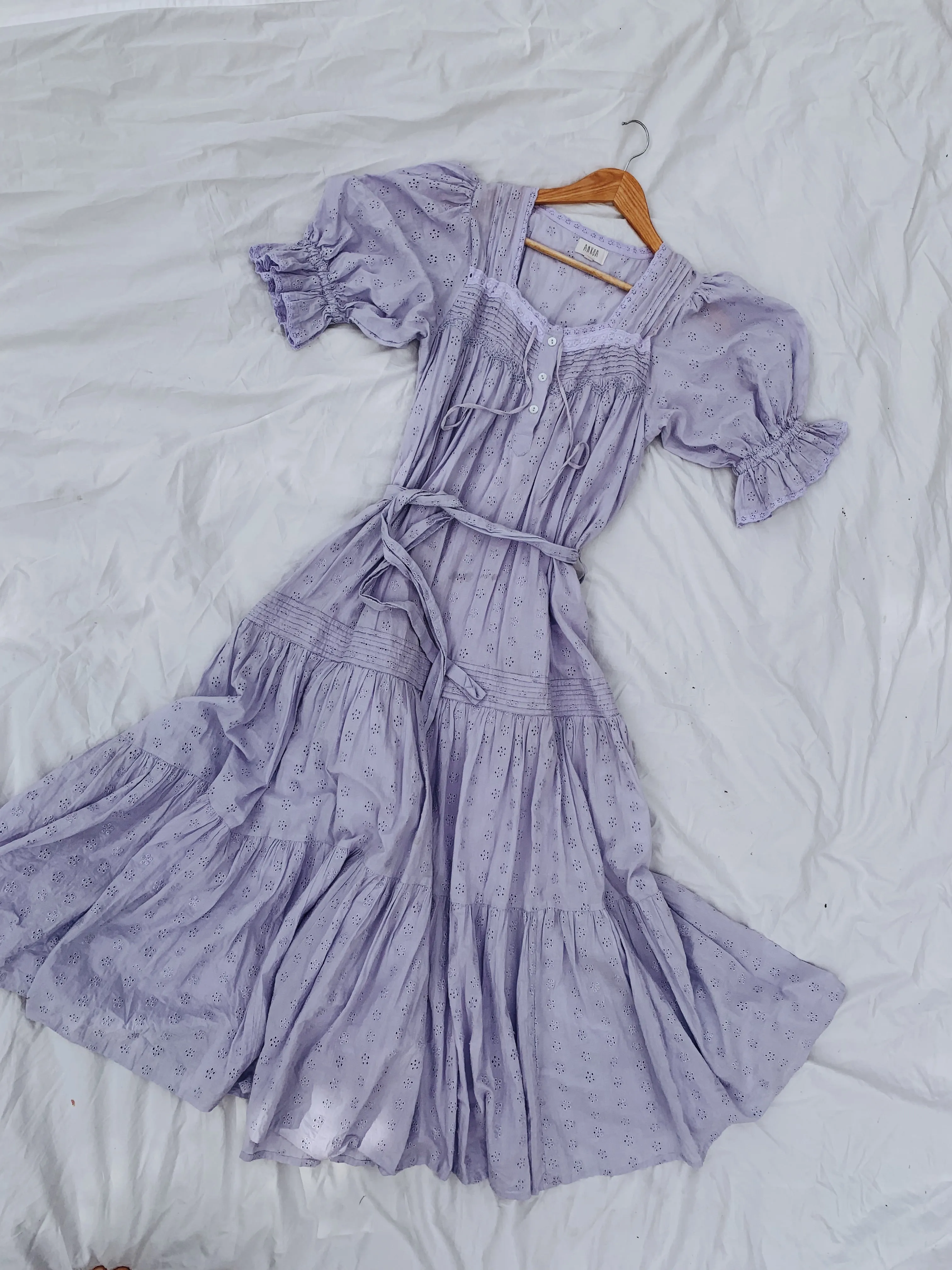 100% RECYCLED COTTON - MORNING SONG HAND SMOCKED TIERED MAXI DRESS - LAVENDER