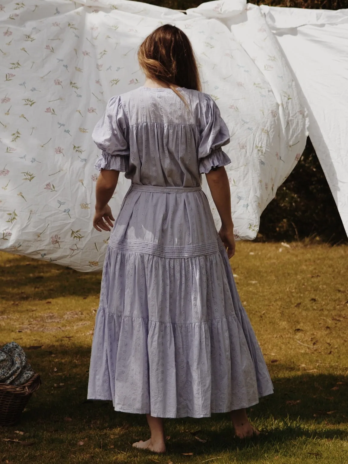 100% RECYCLED COTTON - MORNING SONG HAND SMOCKED TIERED MAXI DRESS - LAVENDER