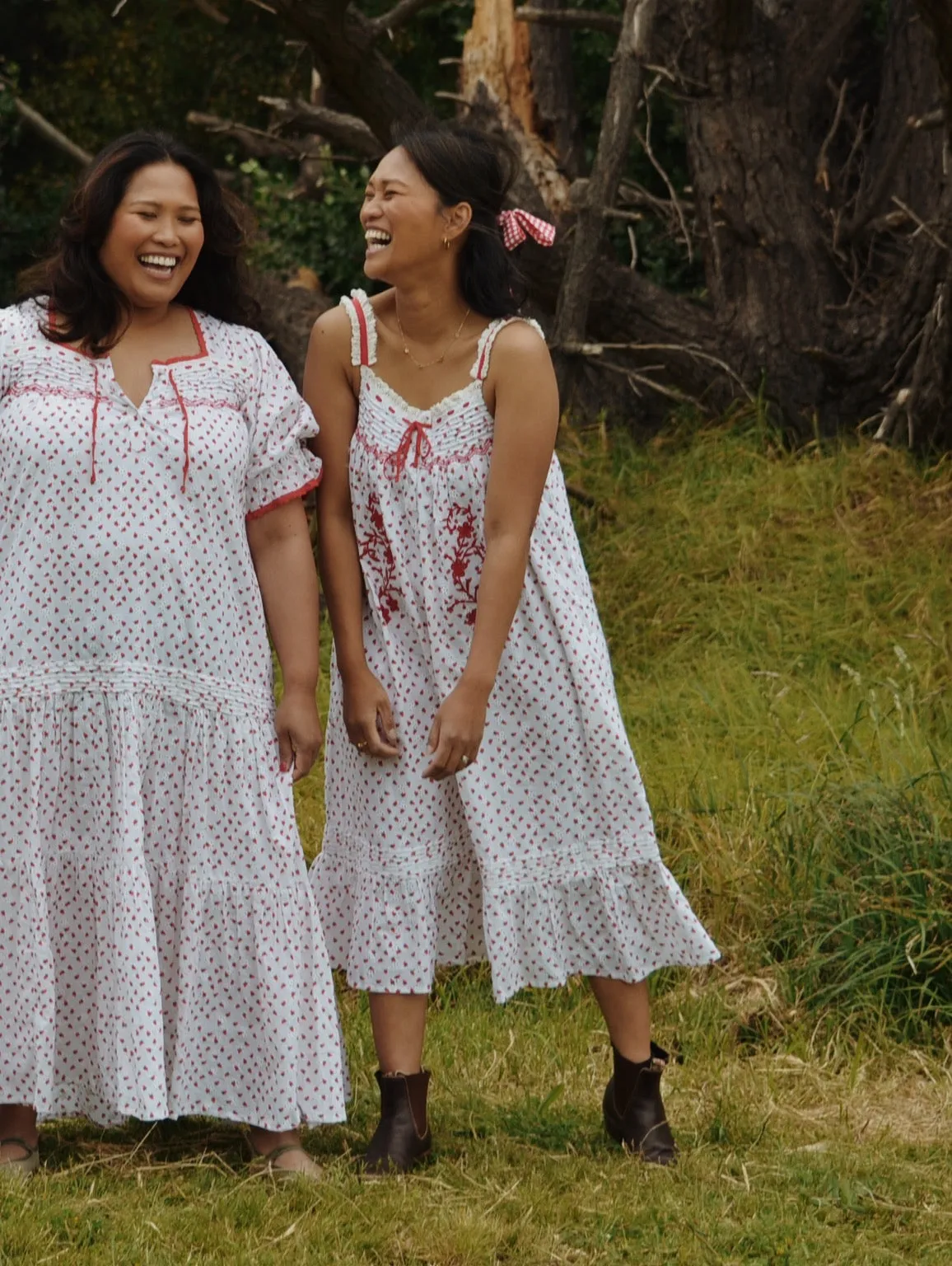 100% RECYCLED COTTON - NIGHTINGALE HAND SMOCKED DRESS STRAWBERRY EMBROIDERED COTTON