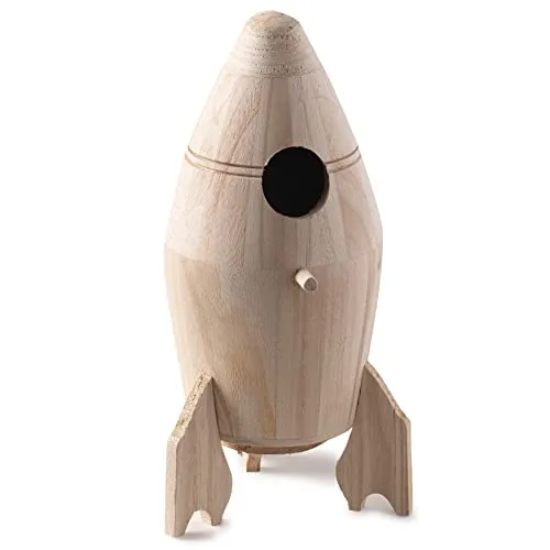 10.5" Wooden Rocket Ship Birdhouse by Make Market - Unfinished Hanging Birdhouse Made of 100% Wood, Outdoor Nesting Boxes - Bulk 8 Pack