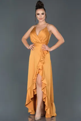 16033 Saffron Ruffle Slit Satin Dress