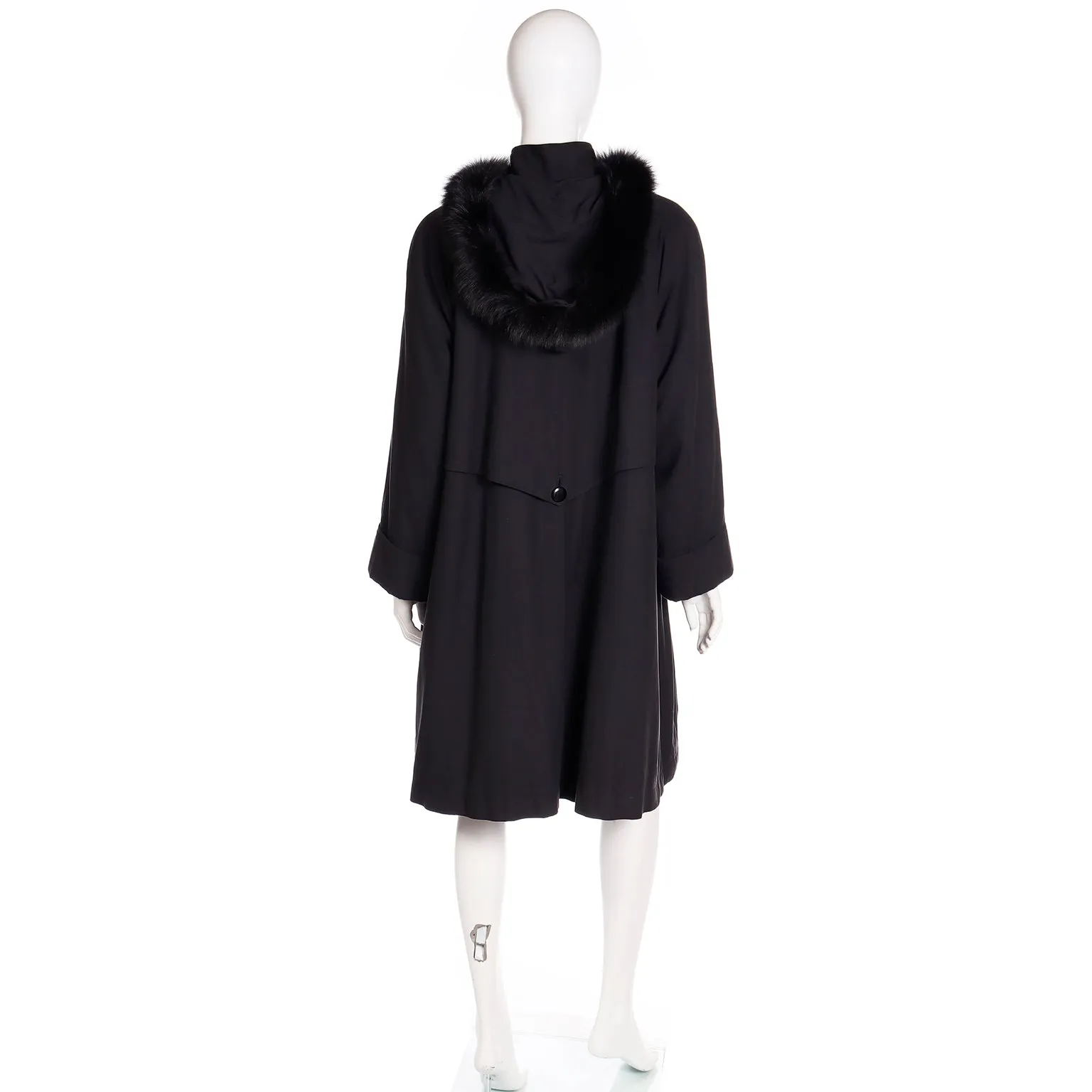 1980s Revillon Boutique All Weather Black Coat W Hood &  Fur Lining & Fox Trim