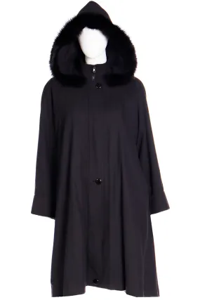 1980s Revillon Boutique All Weather Black Coat W Hood &  Fur Lining & Fox Trim