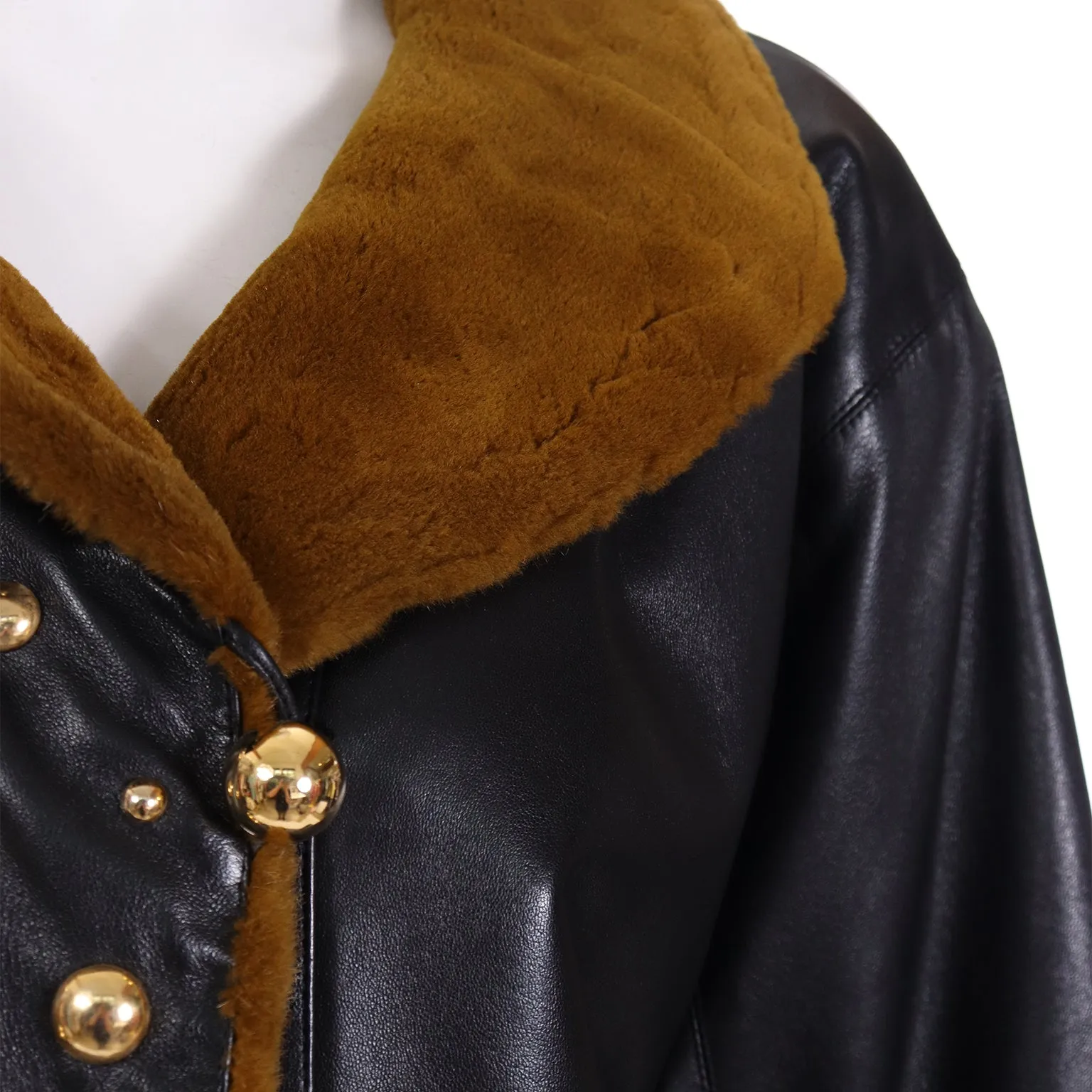 1980s Yves Saint Laurent Vintage Black Leather Coat W Gold Studs & Sheared Fur