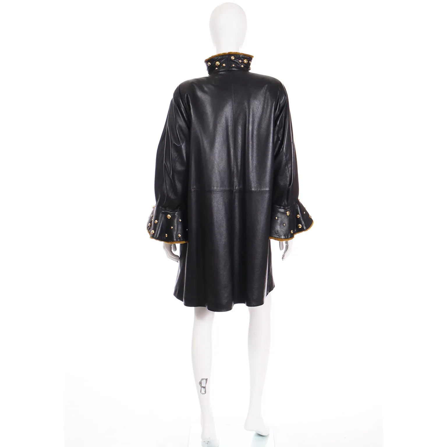 1980s Yves Saint Laurent Vintage Black Leather Coat W Gold Studs & Sheared Fur