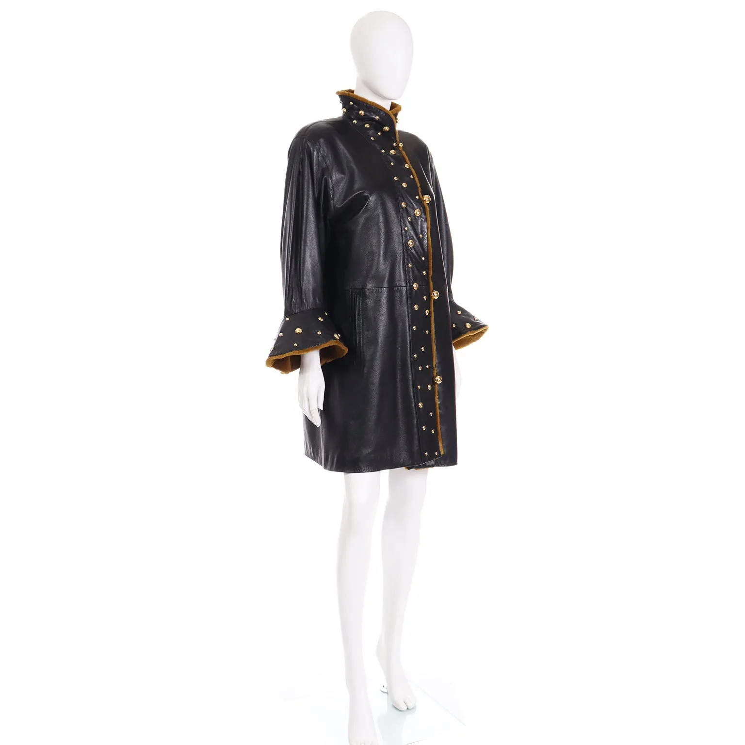 1980s Yves Saint Laurent Vintage Black Leather Coat W Gold Studs & Sheared Fur