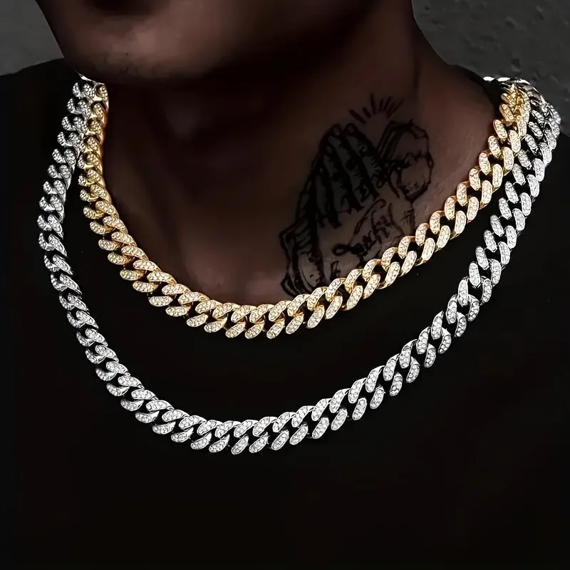 1pc Dazzling Hip Hop Cuban Chain Necklace - 18k Gold Plated with Shimmering Rhinestones - Unisex Design, Ideal Jewelry Gift for Women and Men