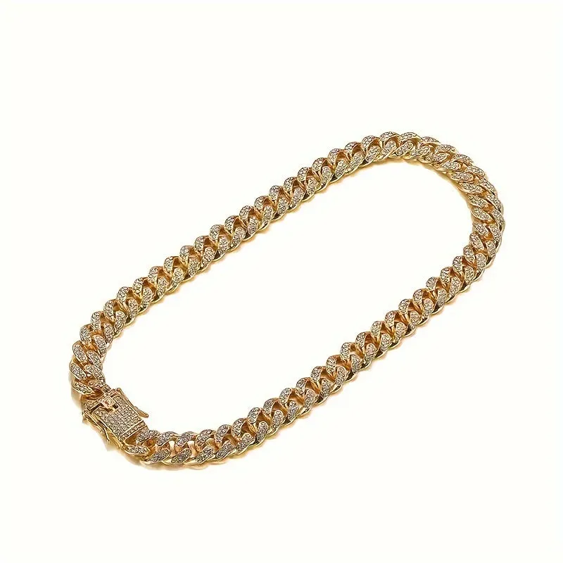 1pc Dazzling Hip Hop Cuban Chain Necklace - 18k Gold Plated with Shimmering Rhinestones - Unisex Design, Ideal Jewelry Gift for Women and Men