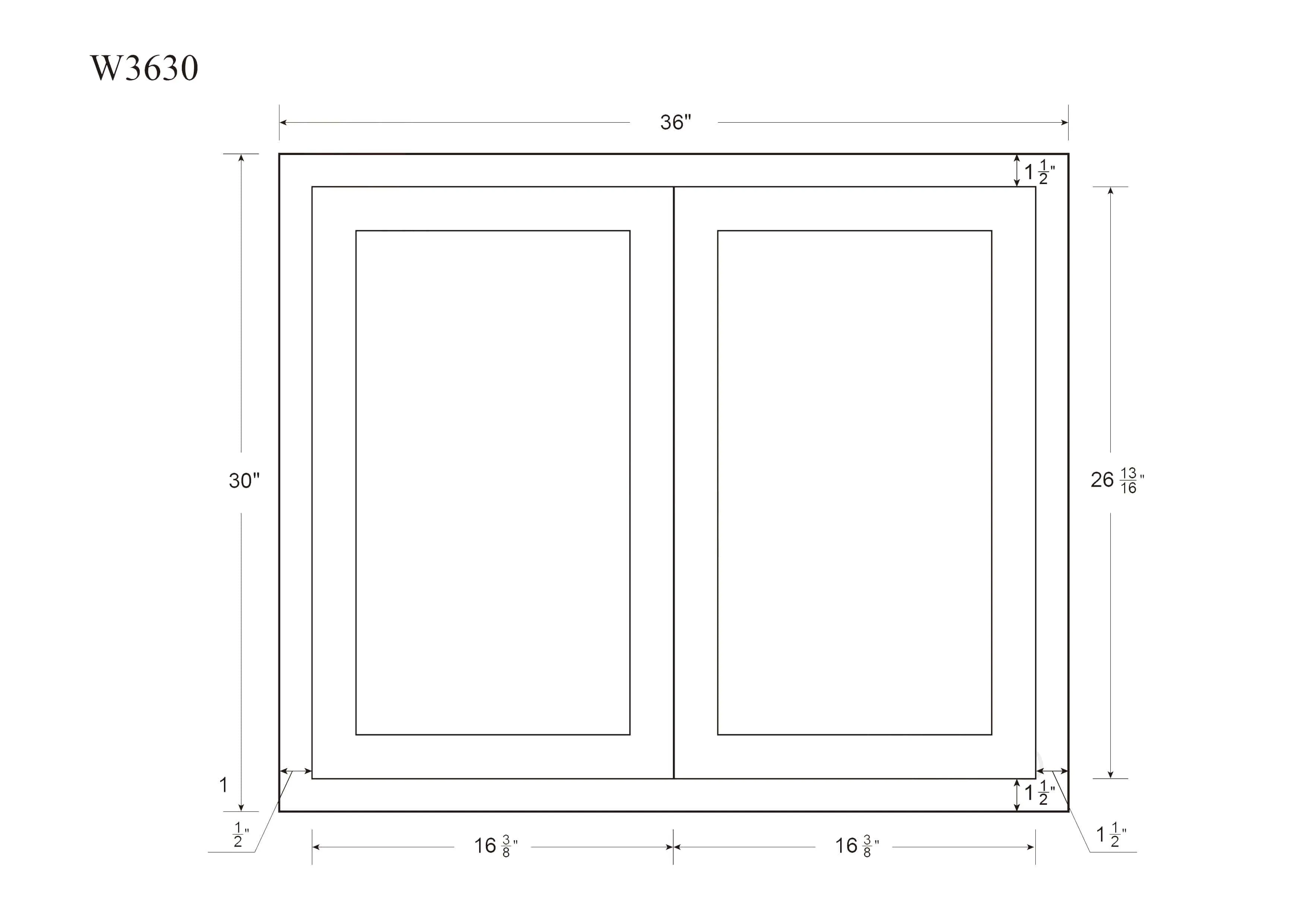 30" Tall Elegant Oak Craftsman Shaker 1-1/4" Overlay Wall Cabinet - Double Door 24", 27", 30", 33" & 36"