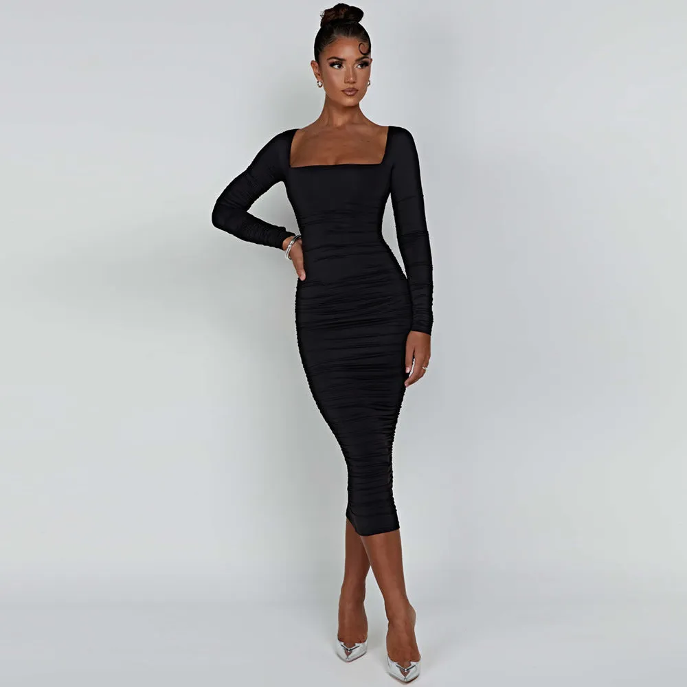 6785 European and American Hot Long Sleeve Slim Fit Pleating Midi Dress Square Collar Sheath Dress New Evening Dress