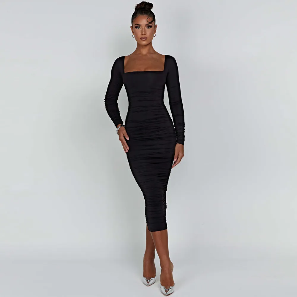 6785 European and American Hot Long Sleeve Slim Fit Pleating Midi Dress Square Collar Sheath Dress New Evening Dress