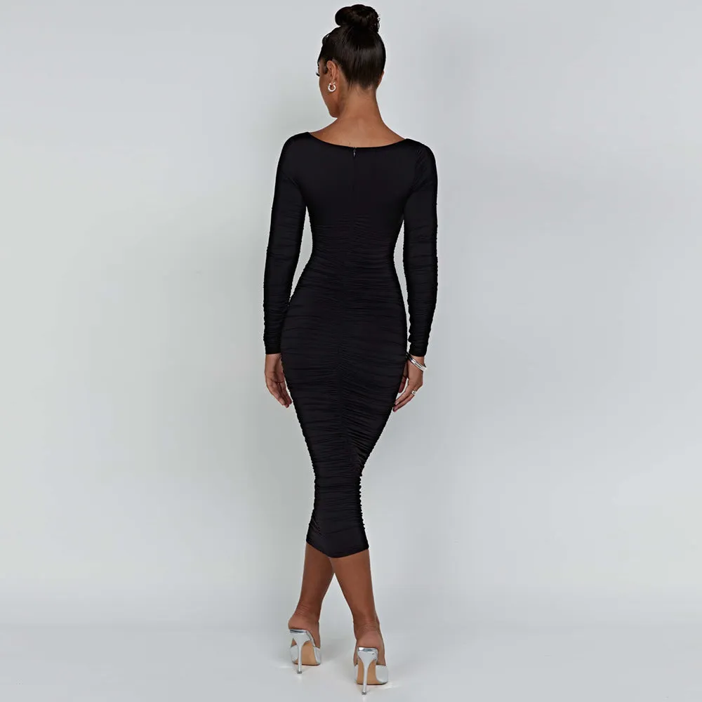 6785 European and American Hot Long Sleeve Slim Fit Pleating Midi Dress Square Collar Sheath Dress New Evening Dress