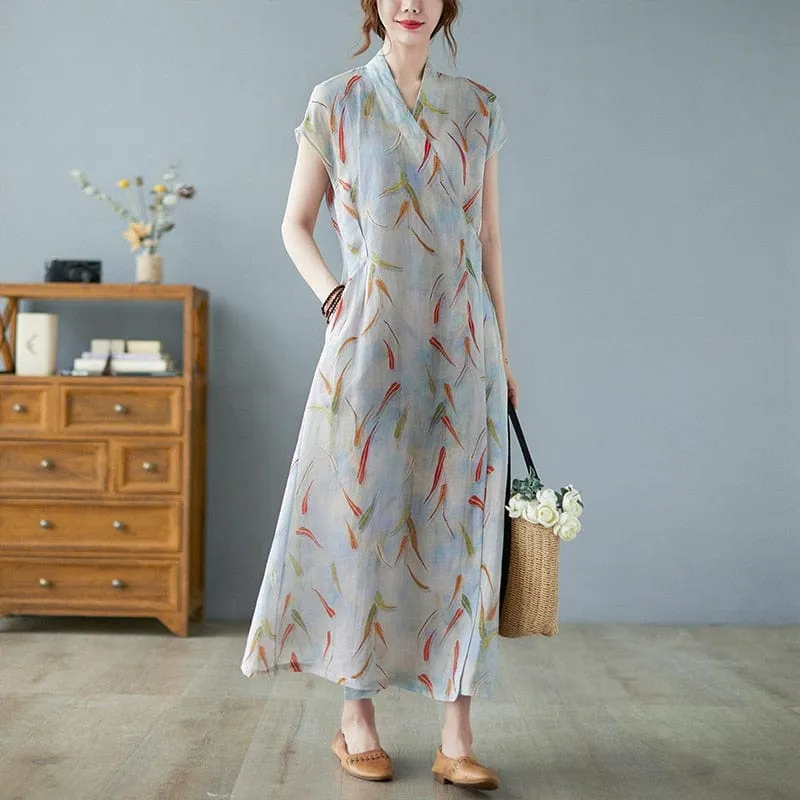 Abstract Leaves Button Wrap Dress