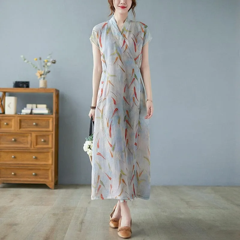 Abstract Leaves Button Wrap Dress