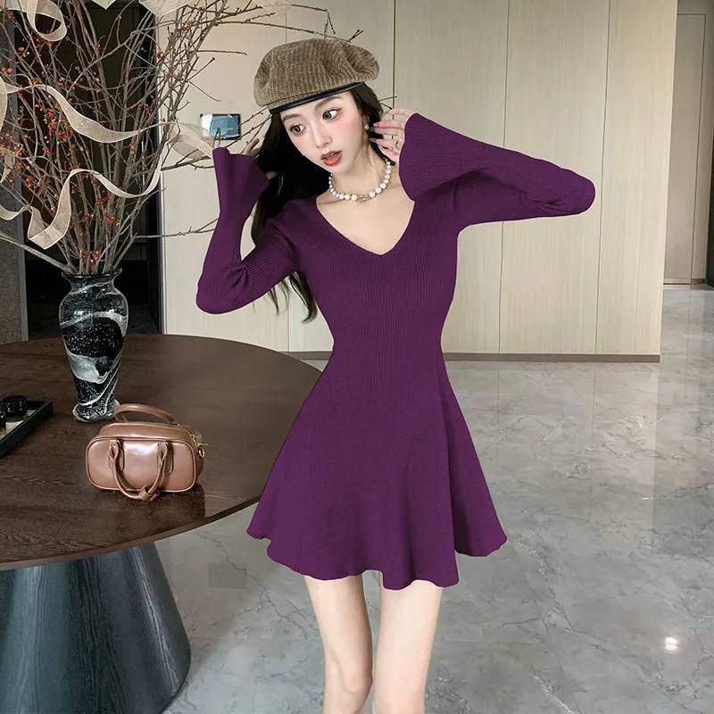 Aiertu leapord halloween outfit Autumn and Winter Japanese and Korean Style Women's Long Sleeve V-neck Bell Sleeve Sweater Dress Slim Slimming Knitted Dress 6915