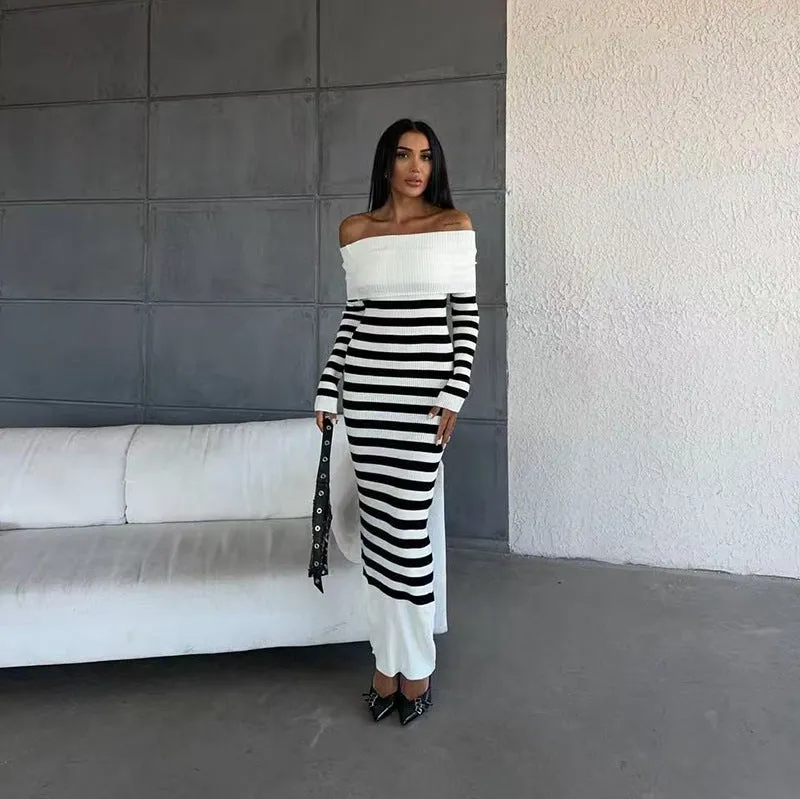 Aiertu long sweater dress outfit Autumn and Winter Elegant Slim-Fit Sheath Slimming off-Shoulder Collarbone Black and White Stripe Knitted Dress