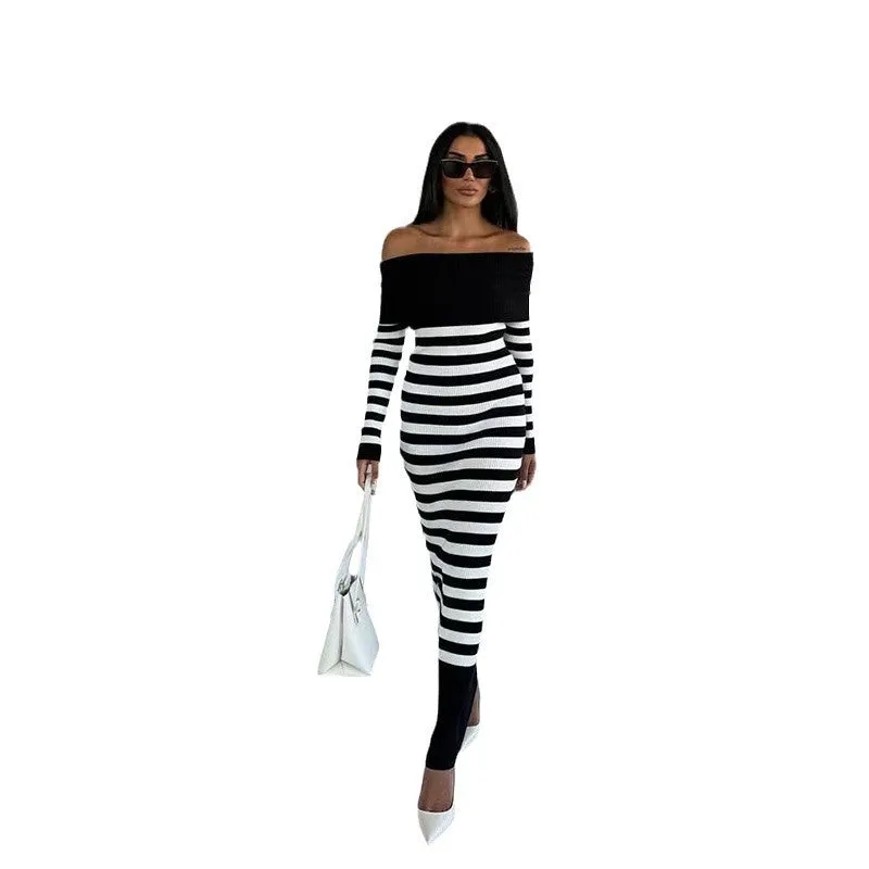 Aiertu long sweater dress outfit Autumn and Winter Elegant Slim-Fit Sheath Slimming off-Shoulder Collarbone Black and White Stripe Knitted Dress