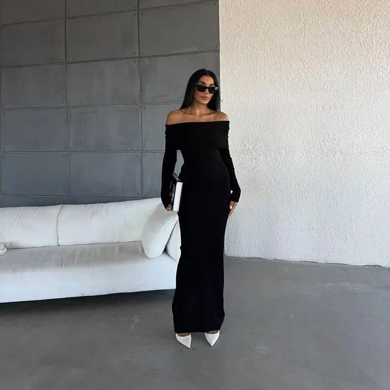 Aiertu long sweater dress outfit Autumn and Winter Elegant Slim-Fit Sheath Slimming off-Shoulder Collarbone Black and White Stripe Knitted Dress