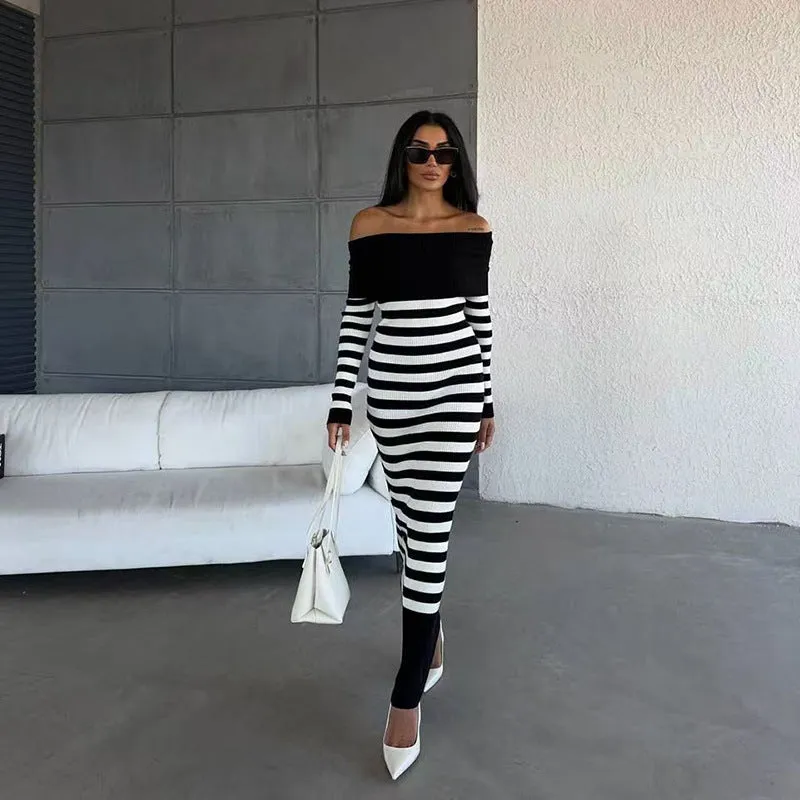 Aiertu long sweater dress outfit Autumn and Winter Elegant Slim-Fit Sheath Slimming off-Shoulder Collarbone Black and White Stripe Knitted Dress