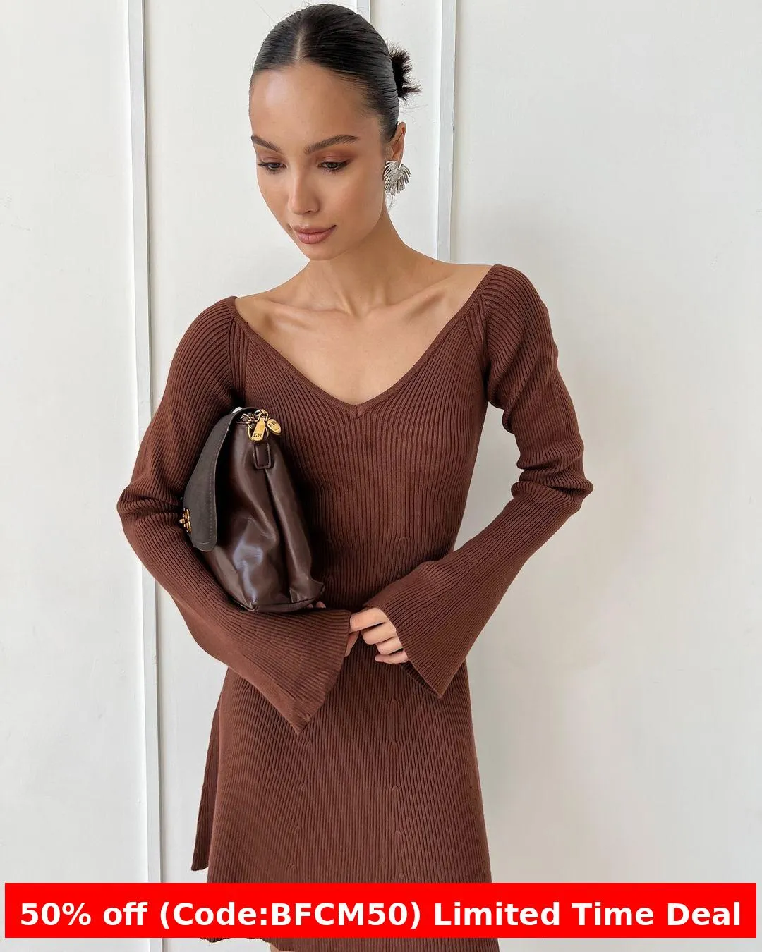 Amozae winter outfits men V-neck Long Sleeve Sexy Dress Knitted Skirt Autumn and Winter Short Skirt Bottoming A- line Ruffled Sweater Dress