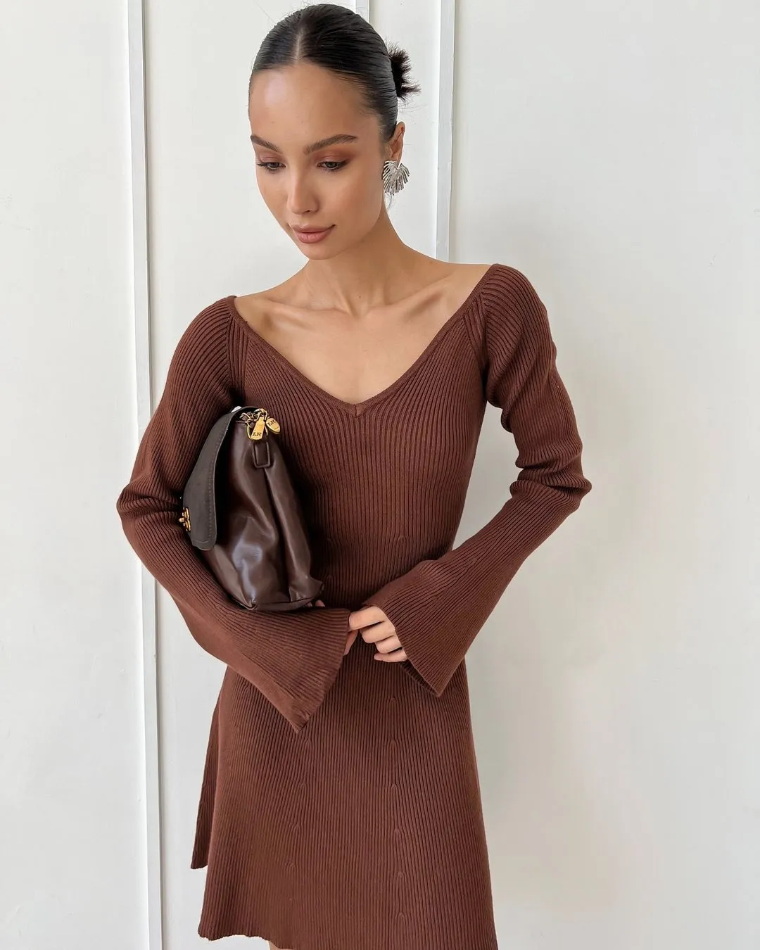 Amozae winter outfits men V-neck Long Sleeve Sexy Dress Knitted Skirt Autumn and Winter Short Skirt Bottoming A- line Ruffled Sweater Dress