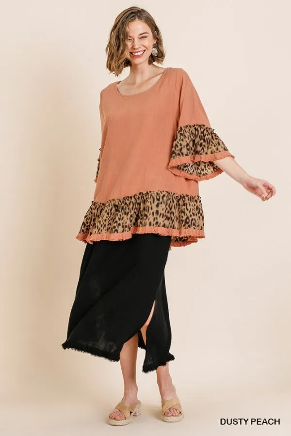 Animal Print Ruffle Hem Top, Peach