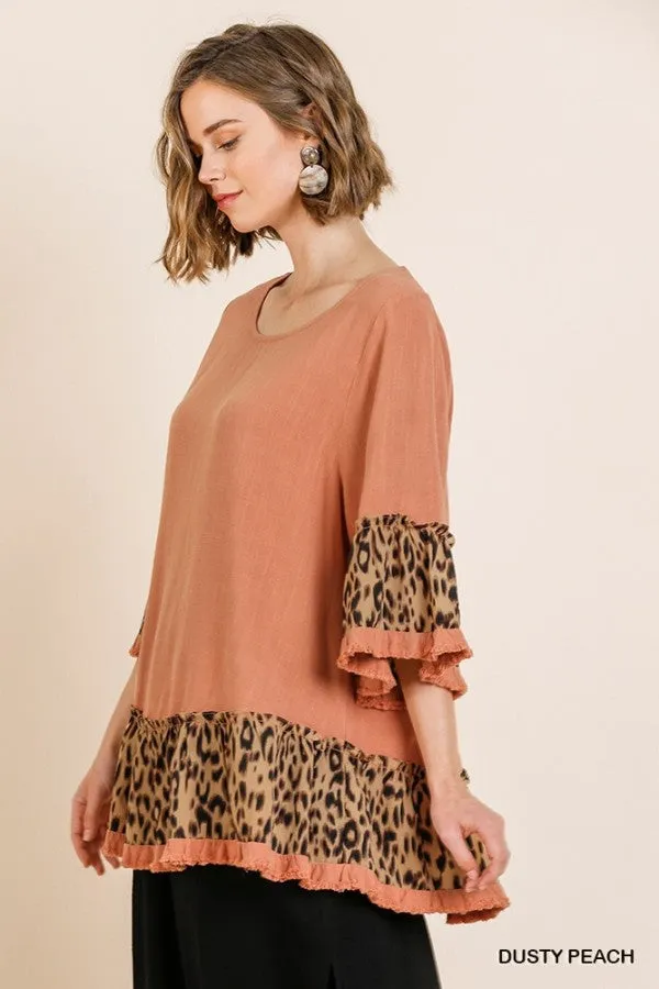 Animal Print Ruffle Hem Top, Peach