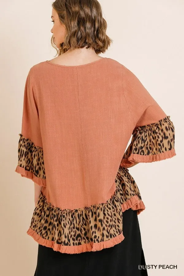 Animal Print Ruffle Hem Top, Peach