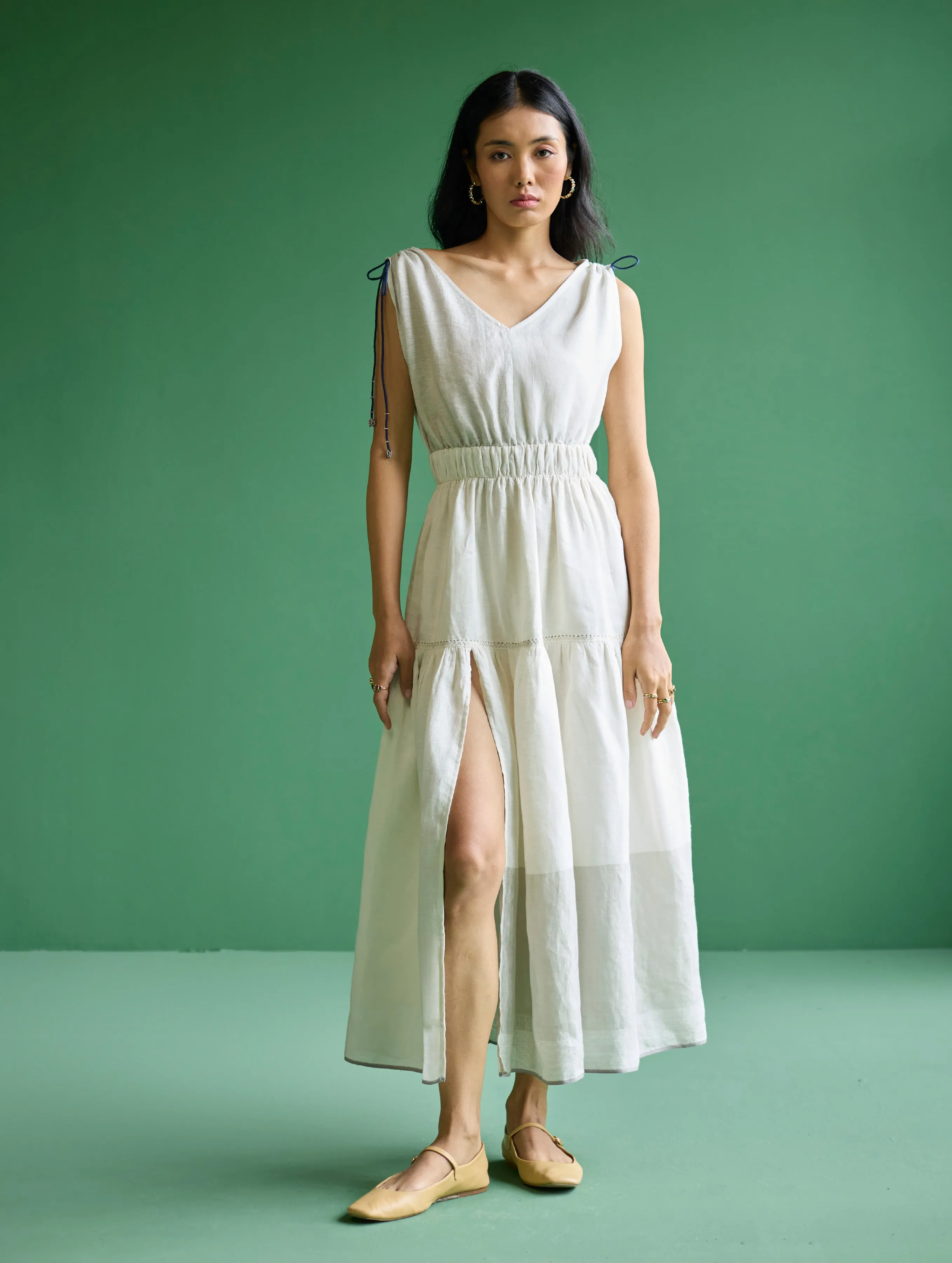 Aria Metallic Linen Dress - Ivory