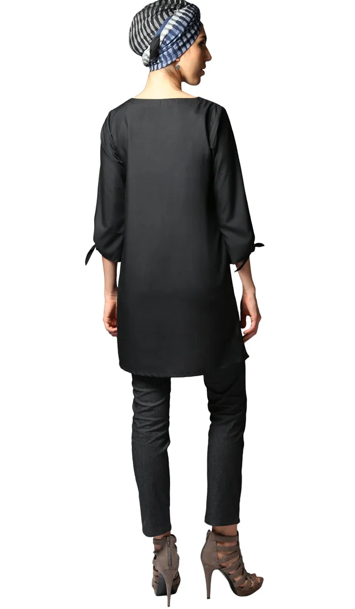 Asfa Long Modest Tunic with Tie Sleeves - Black - FINAL SALE