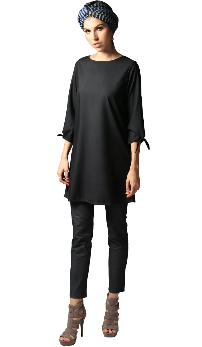 Asfa Long Modest Tunic with Tie Sleeves - Black - FINAL SALE