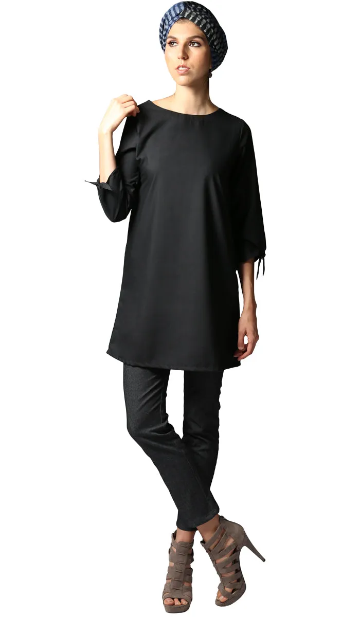 Asfa Long Modest Tunic with Tie Sleeves - Black - FINAL SALE