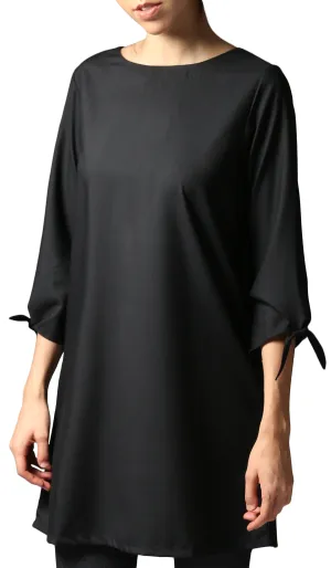 Asfa Long Modest Tunic with Tie Sleeves - Black - FINAL SALE