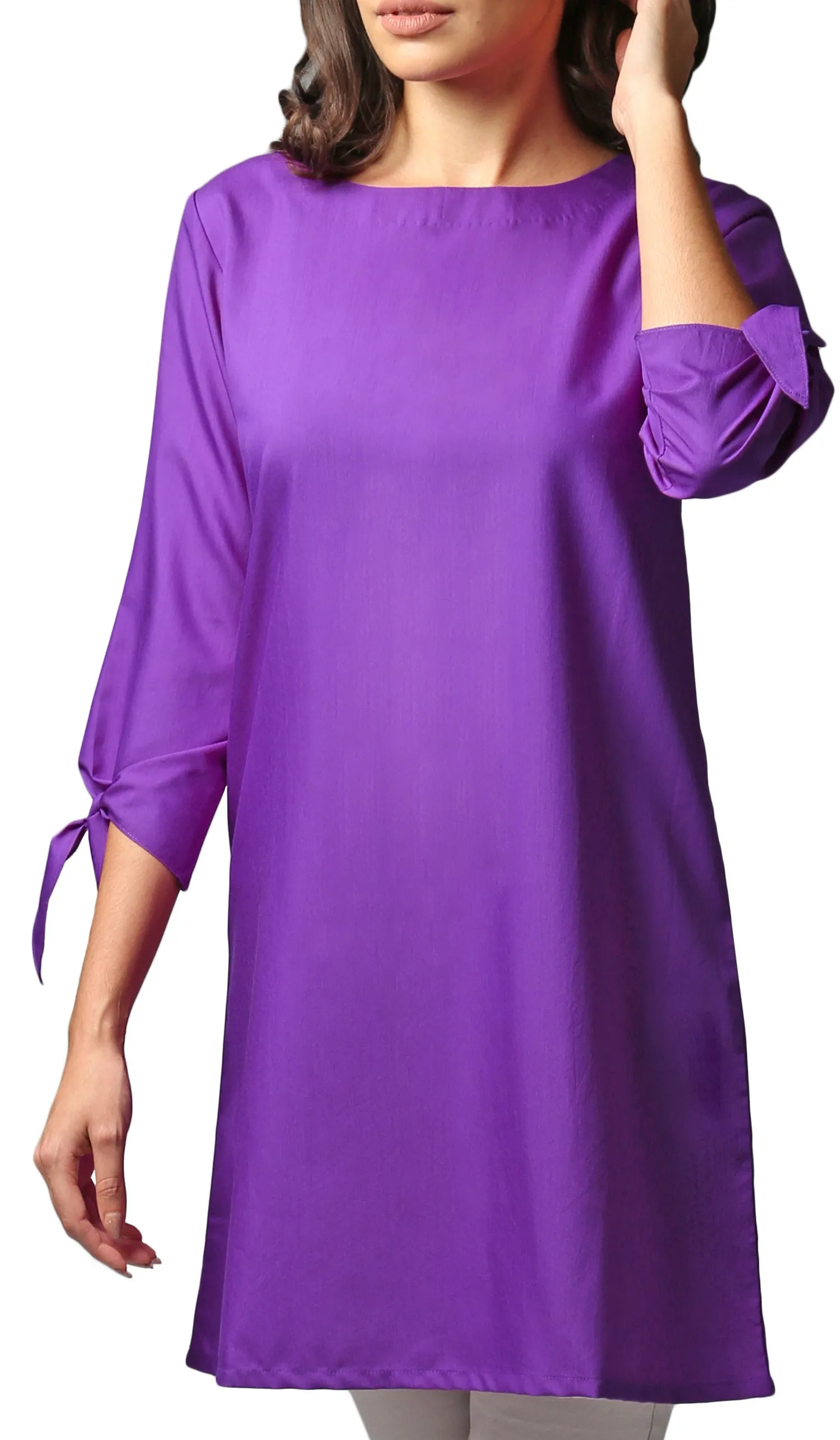 Asfa Long Modest Tunic with Tie Sleeves - Purple - FINAL SALE